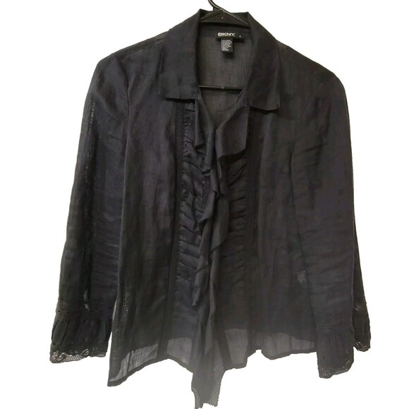 DKNY Black Ruffled Lace Inserts Buttons Down Women Blouse Size 4 - Picture 1 of 9